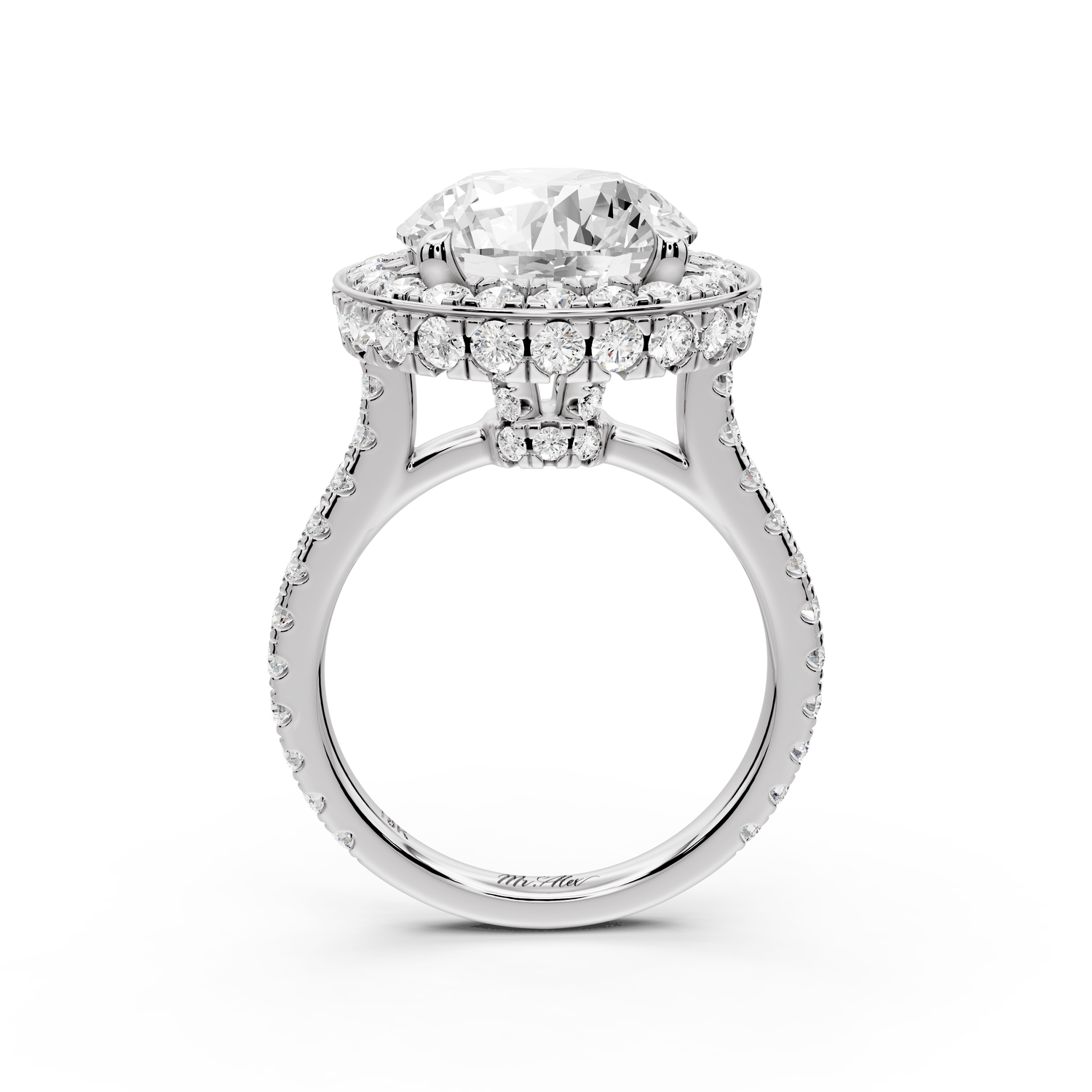 Beatrice - 5ct 14k white gold round stone in rollover halo with diamond bridge and Pavé engagement ring