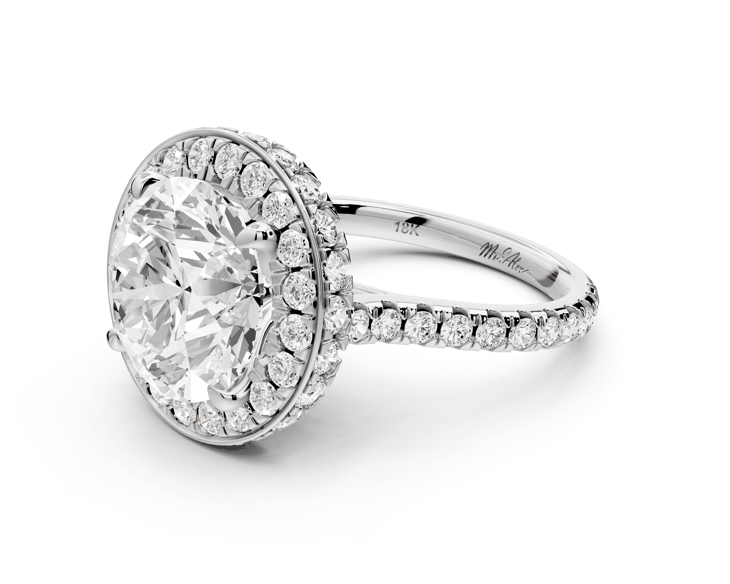 Beatrice - 5ct 14k white gold round stone in rollover halo with diamond bridge and Pavé engagement ring