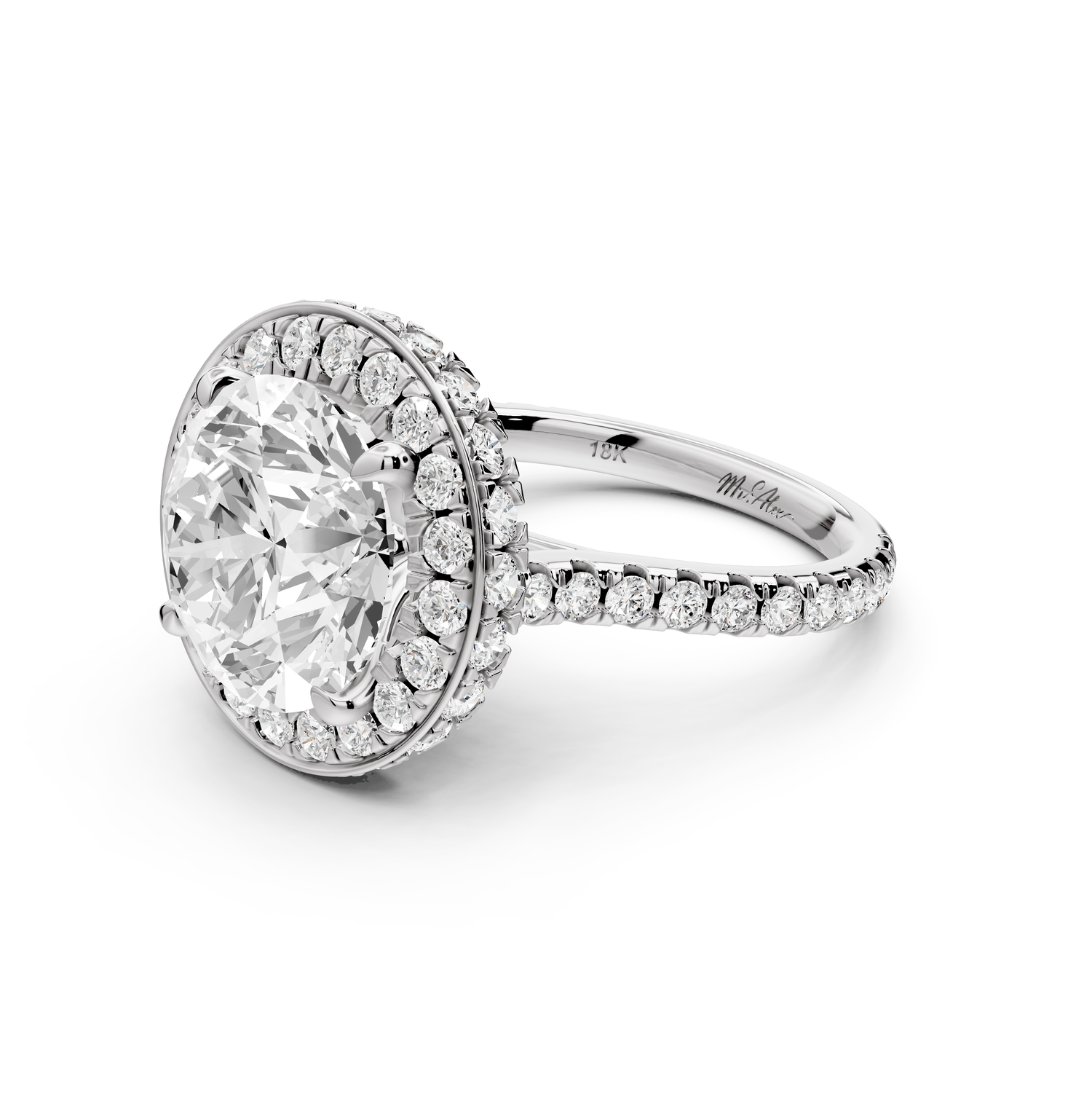 Beatrice - 5ct 14k white gold round stone in rollover halo with diamond bridge and Pavé engagement ring