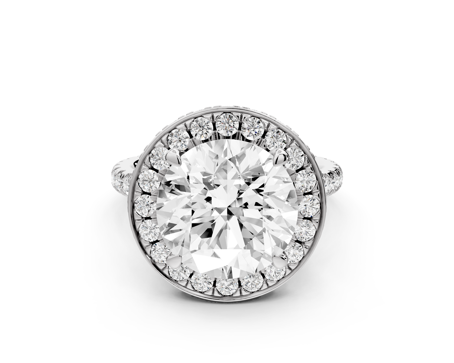 Beatrice - 5ct 14k white gold round stone in rollover halo with diamond bridge and Pavé engagement ring