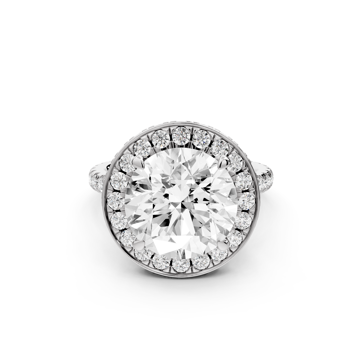 Beatrice - 5ct 14k white gold round stone in rollover halo with diamond bridge and Pavé engagement ring