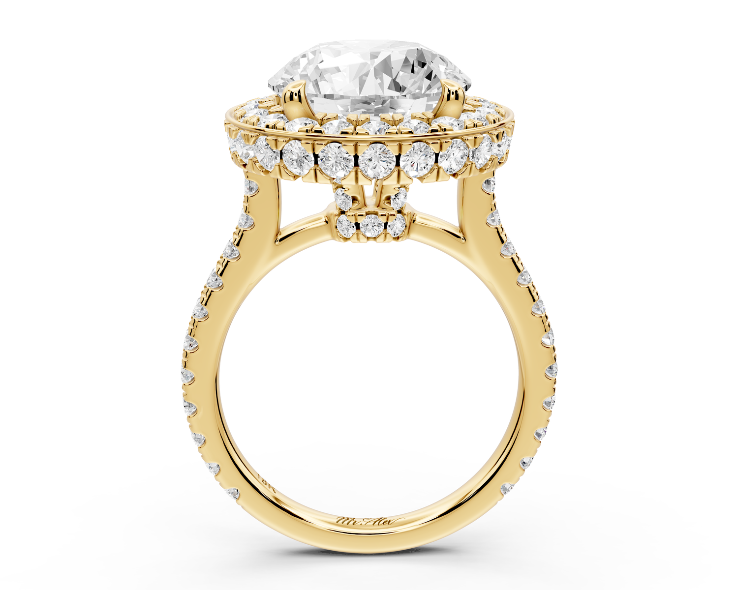 Beatrice - 5ct 14k yellow gold round stone in rollover halo with diamond bridge and Pavé engagement ring