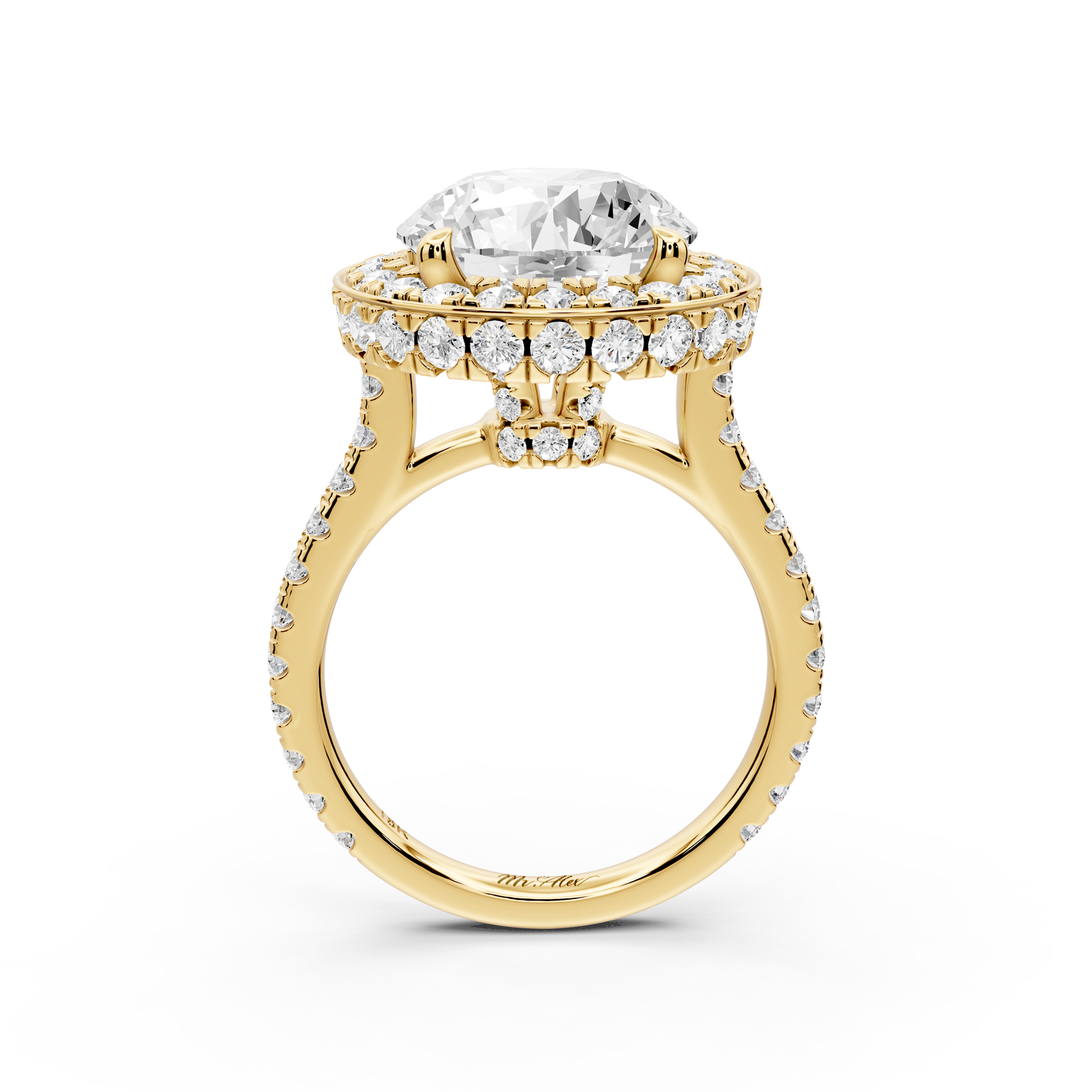 Beatrice - 5ct 14k yellow gold round stone in rollover halo with diamond bridge and Pavé engagement ring