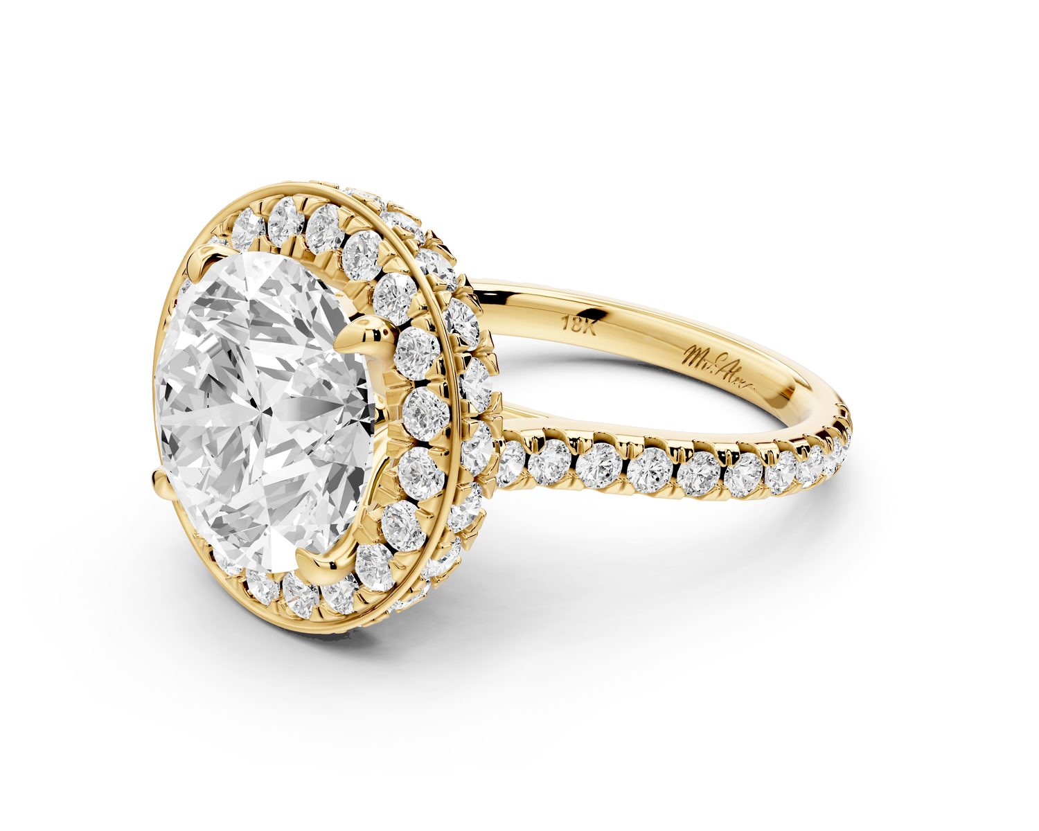 Beatrice - 5ct 14k yellow gold round stone in rollover halo with diamond bridge and Pavé engagement ring