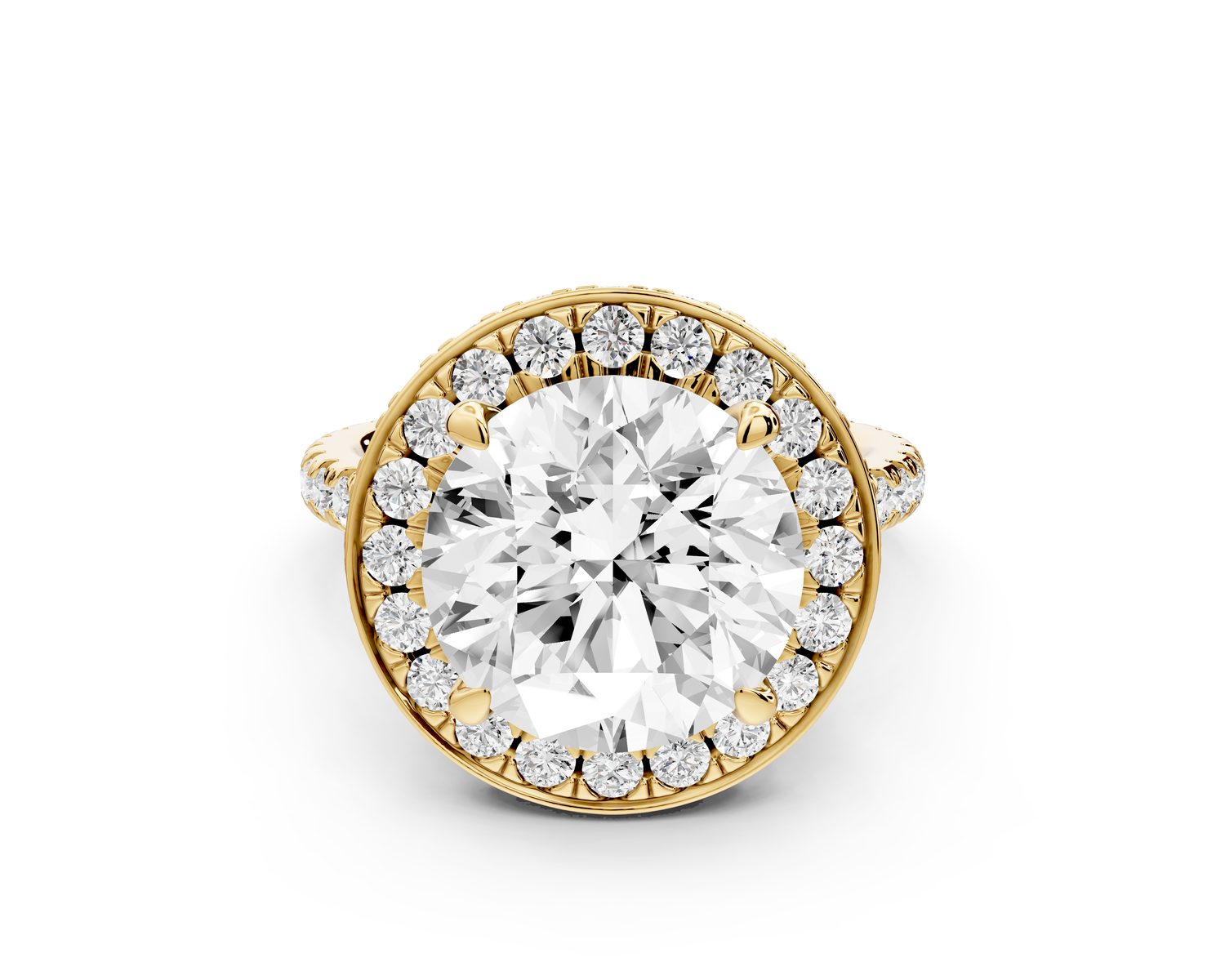 Beatrice - 5ct 14k yellow gold round stone in rollover halo with diamond bridge and Pavé engagement ring