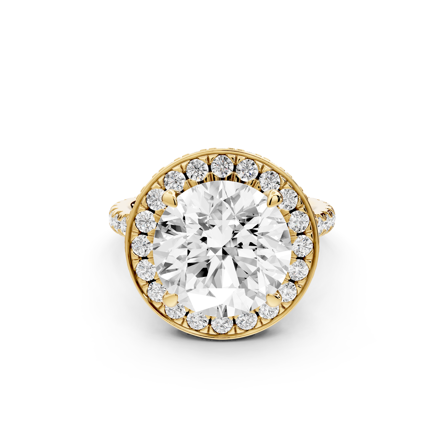 Beatrice - 5ct 14k yellow gold round stone in rollover halo with diamond bridge and Pavé engagement ring