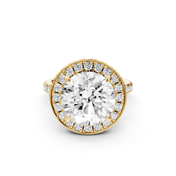 Beatrice - 5ct 14k yellow gold round stone in rollover halo with diamond bridge and Pavé engagement ring