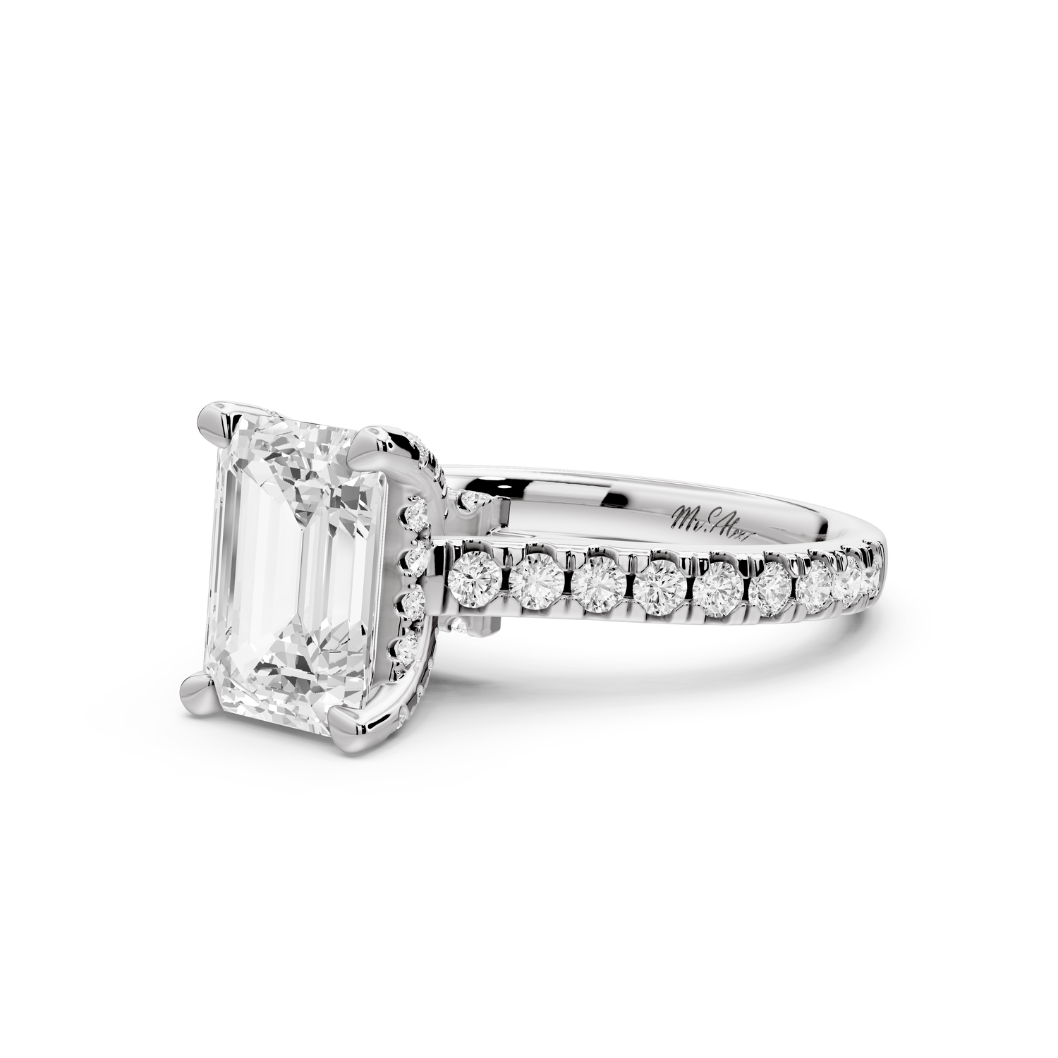 Odette - 2ct 14k white gold emerald Diamond Engagement Ring with Pavé Band & Hidden Halo