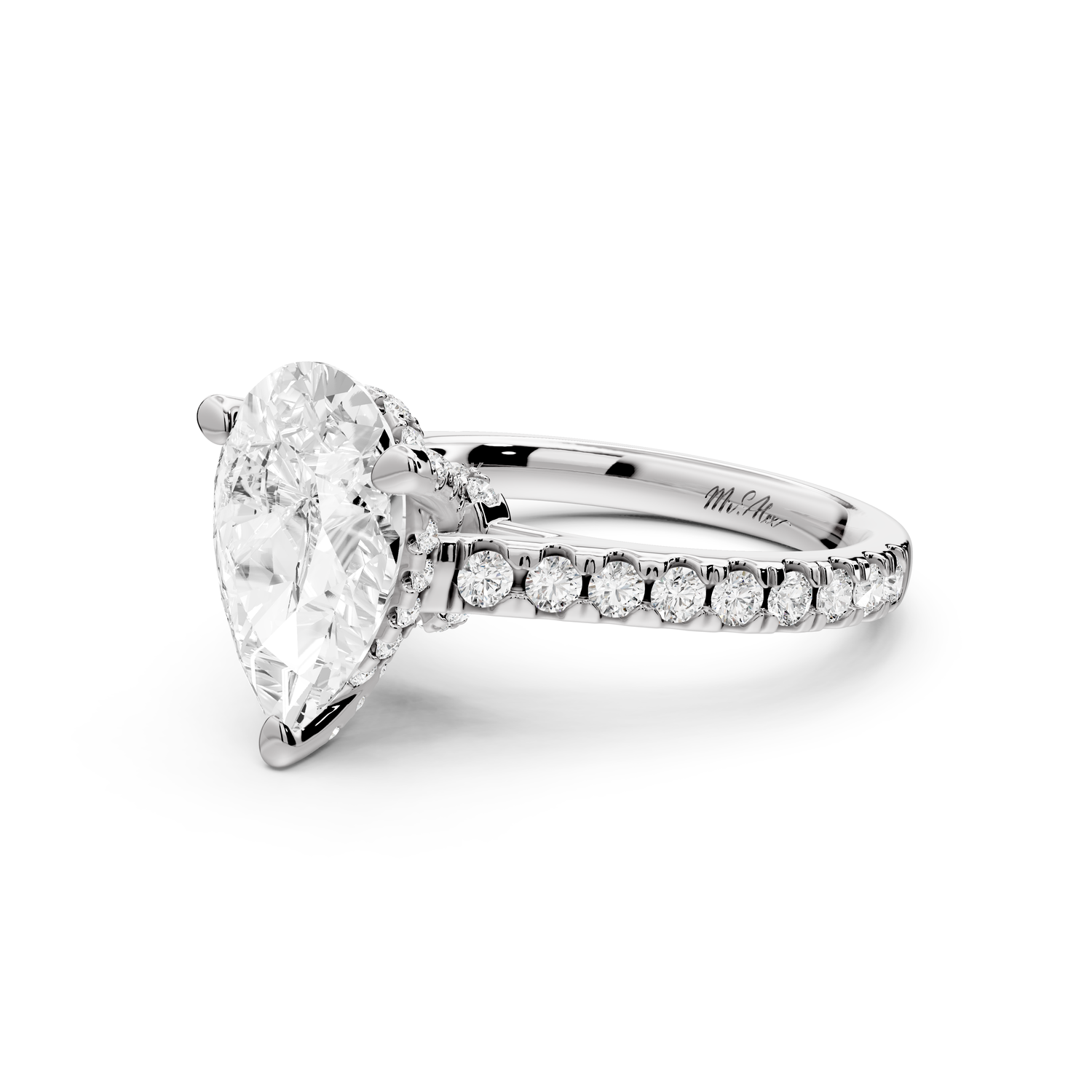 Odette - 2ct 14k white gold pear Diamond Engagement Ring with Pavé Band & Hidden Halo