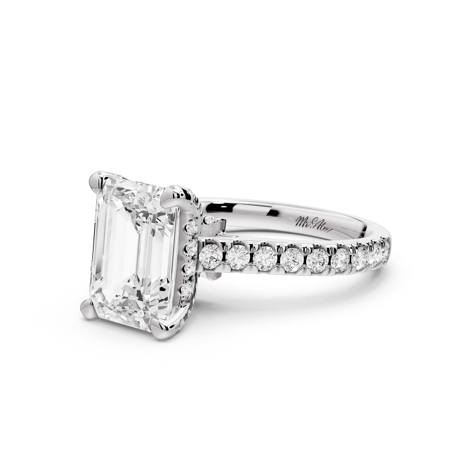 Odette - 3ct 14k white gold emerald Diamond Engagement Ring with Pavé Band & Hidden Halo
