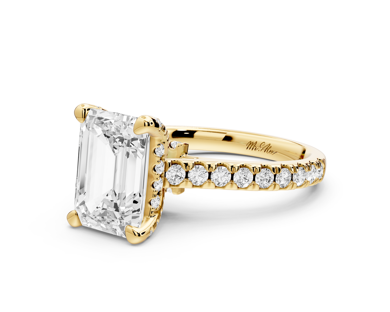 Odette - 3ct 14k yellow gold emerald Diamond Engagement Ring with Pavé Band & Hidden Halo