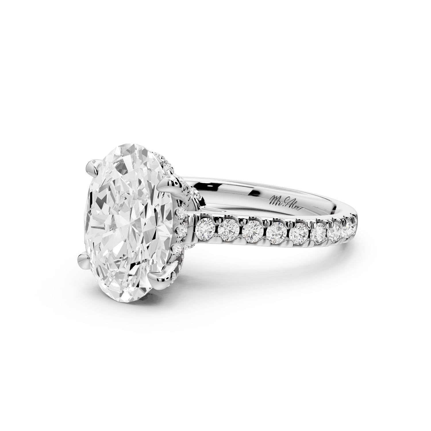 Odette - 3ct 14k white gold oval Diamond Engagement Ring with Pavé Band & Hidden Halo
