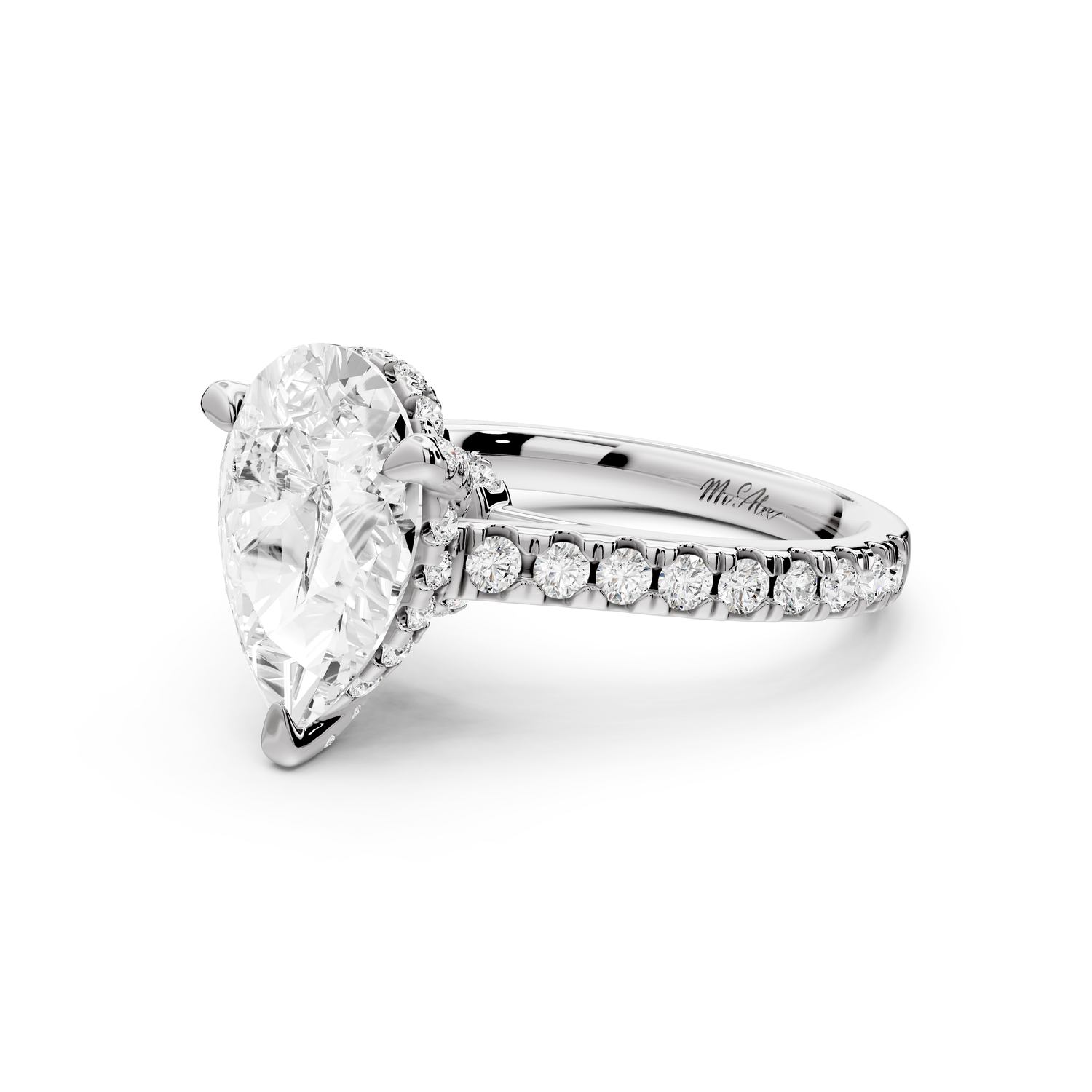 Odette - 3ct 14k white gold pear Diamond Engagement Ring with Pavé Band & Hidden Halo