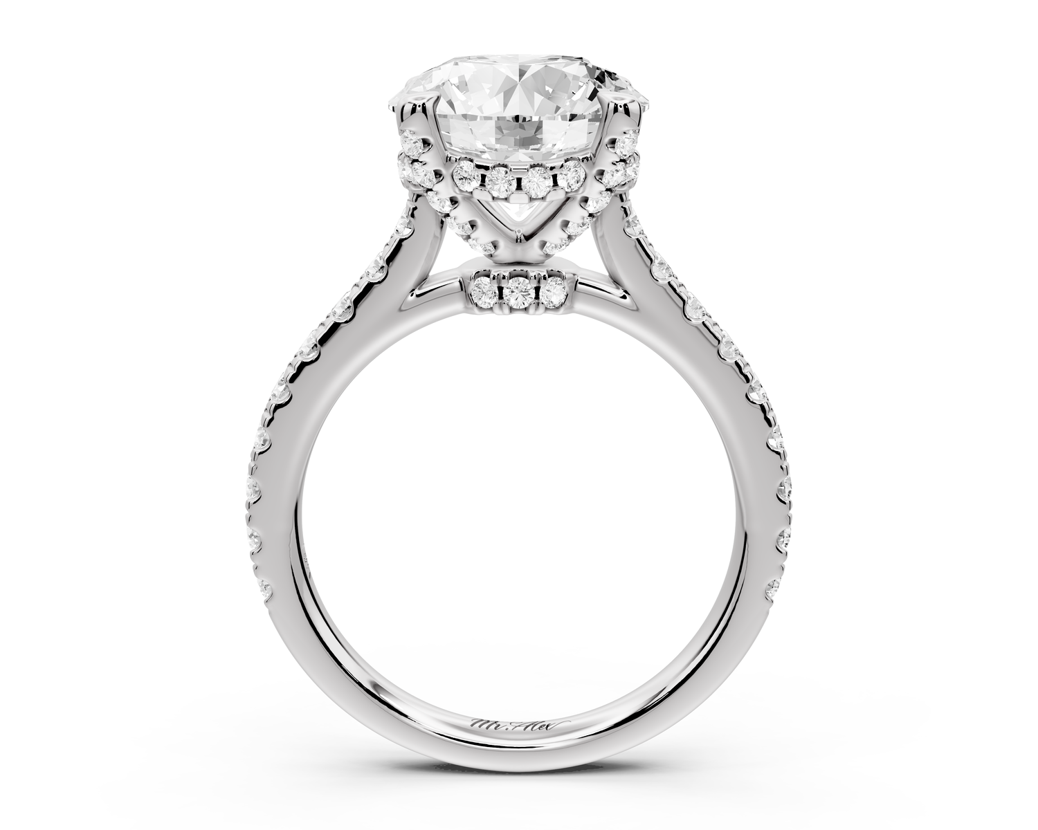 Odette - 3ct 18k white gold round Diamond Engagement Ring with Pavé Band & Hidden Halo