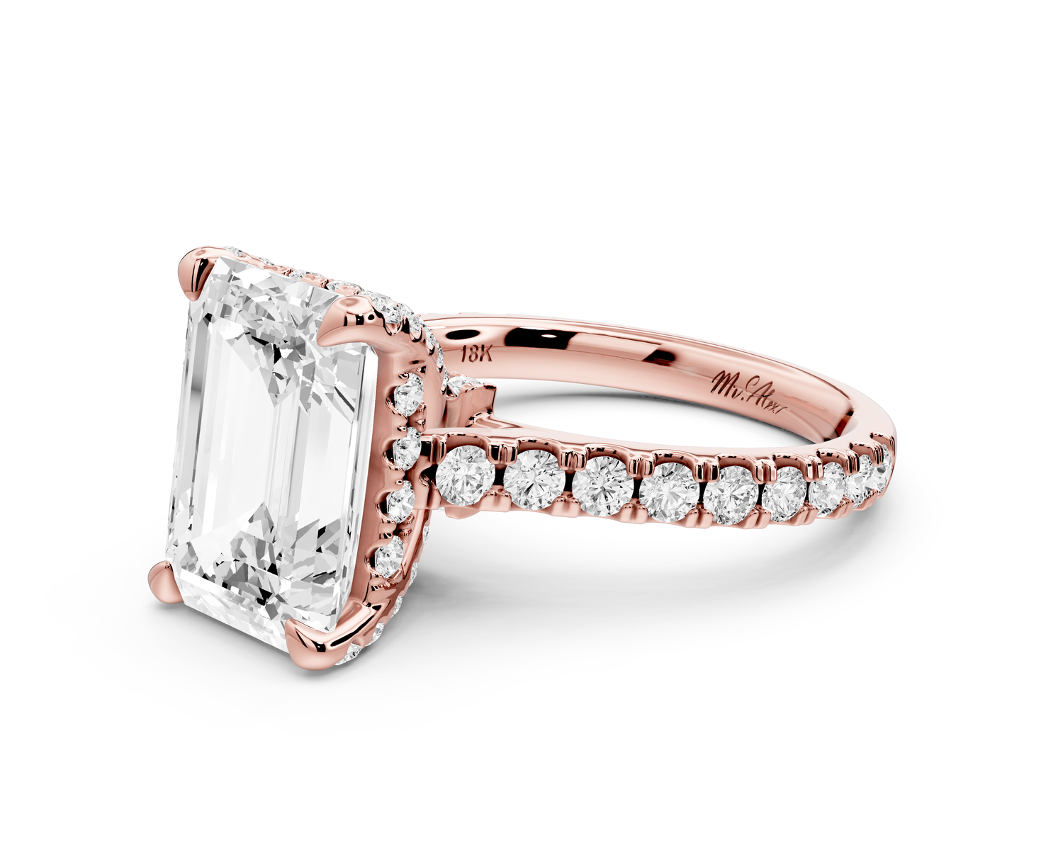 Odette - 4ct 14k rose gold emerald Diamond Engagement Ring with Pavé Band & Hidden Halo