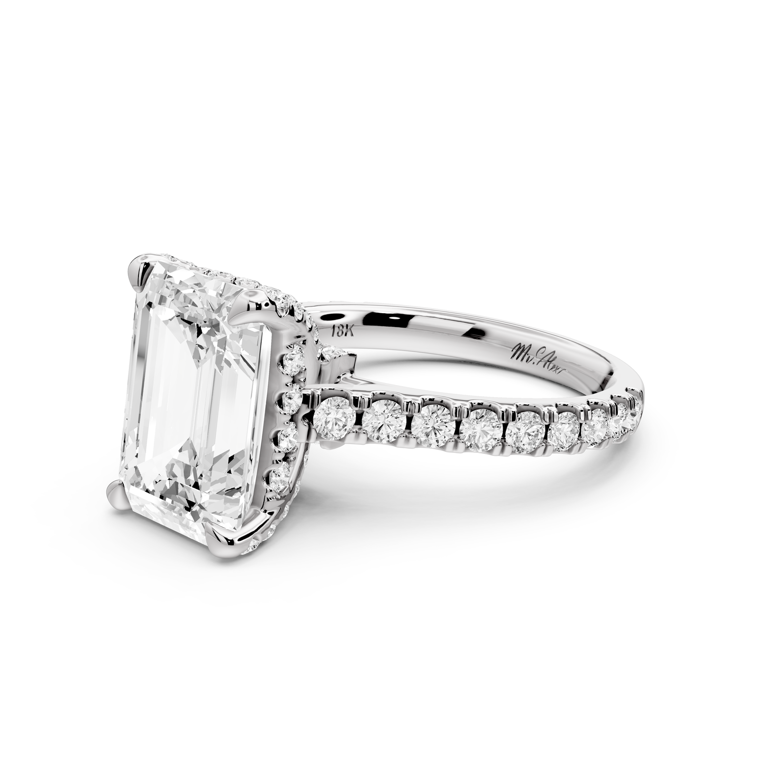 Odette - 4ct 14k white gold emerald Diamond Engagement Ring with Pavé Band & Hidden Halo