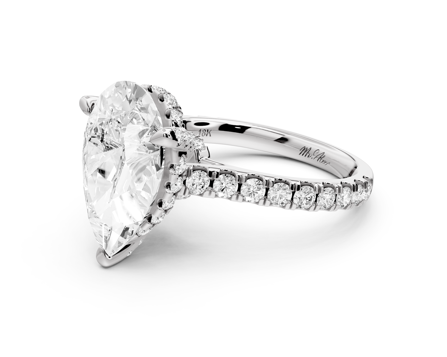 Odette - 4ct 14k white gold pear Diamond Engagement Ring with Pavé Band & Hidden Halo