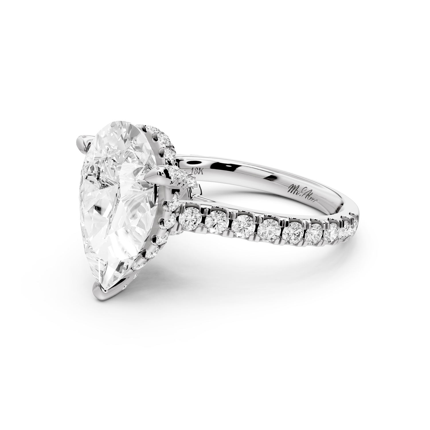 Odette - 4ct 14k white gold pear Diamond Engagement Ring with Pavé Band & Hidden Halo