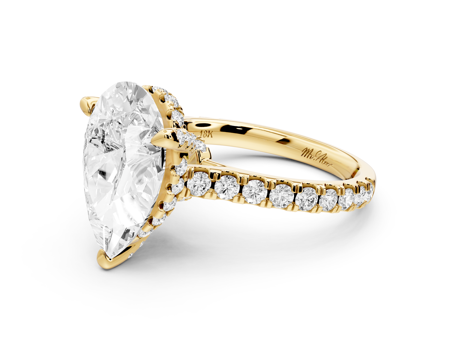 Odette - 4ct 14k yellow gold pear Diamond Engagement Ring with Pavé Band & Hidden Halo