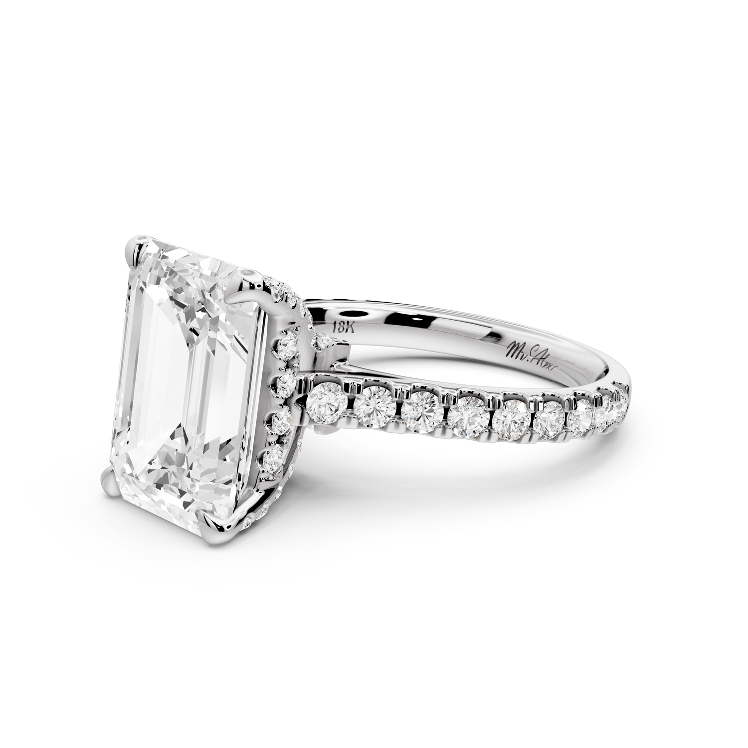 Odette - 5ct 14k white gold emerald Diamond Engagement Ring with Pavé Band & Hidden Halo