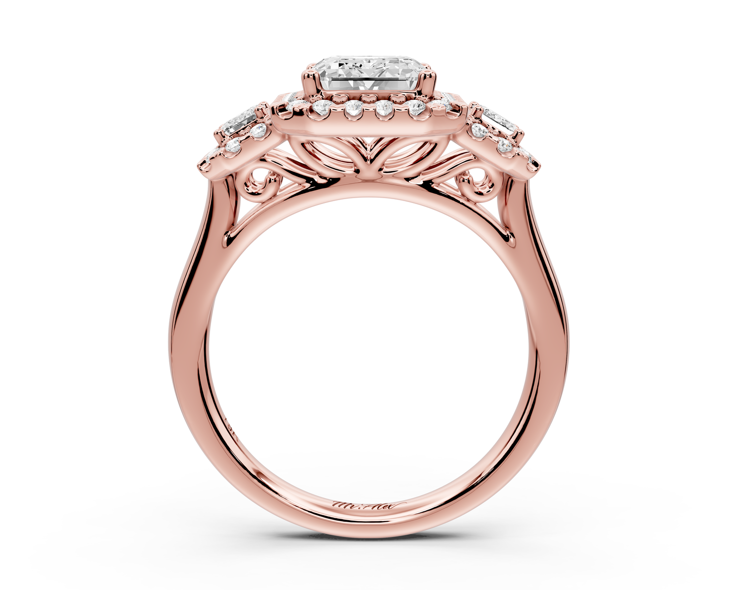 Iris - 2ct 14k rose gold Three stone emerald Halo engagement ring
