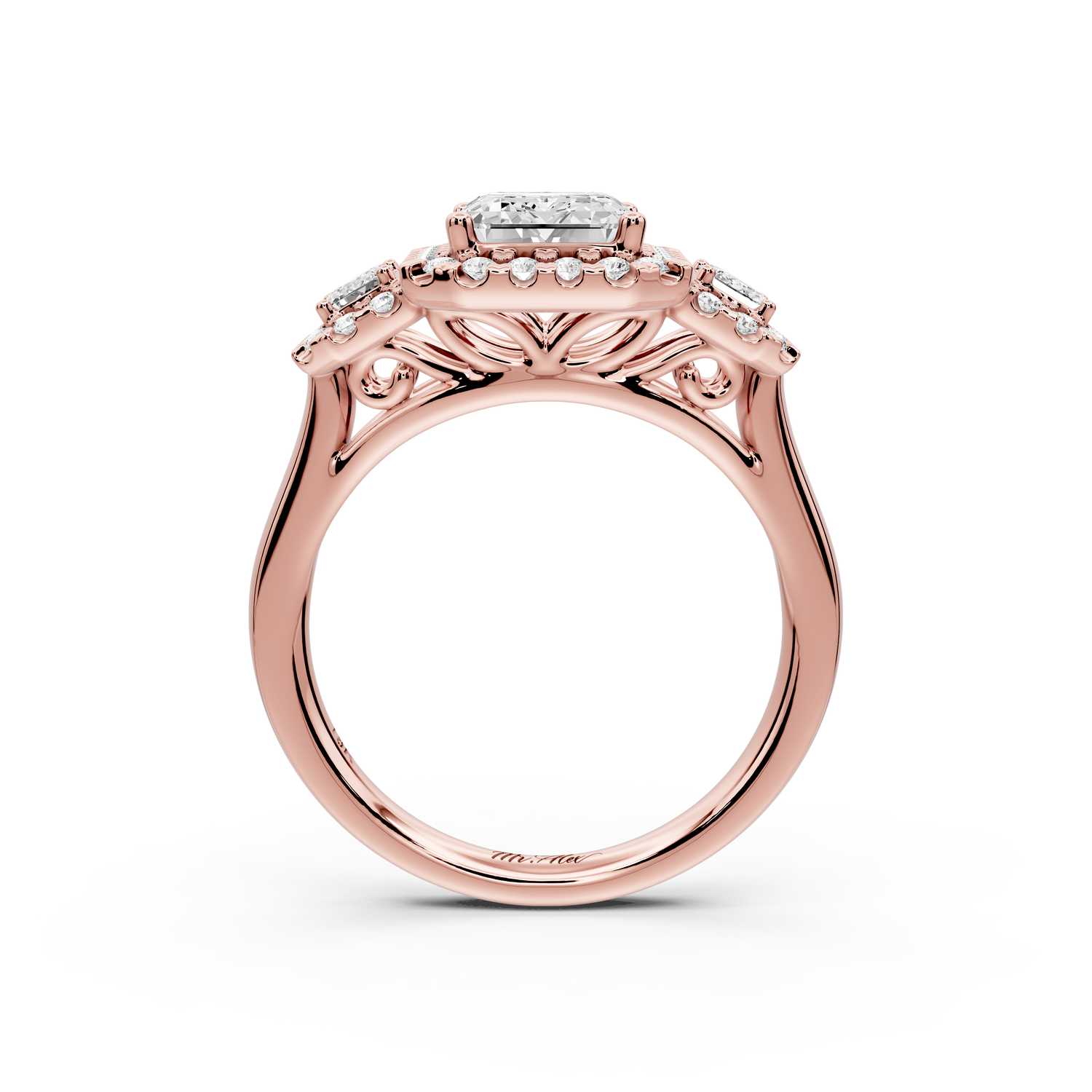 Iris - 2ct 14k rose gold Three stone emerald Halo engagement ring