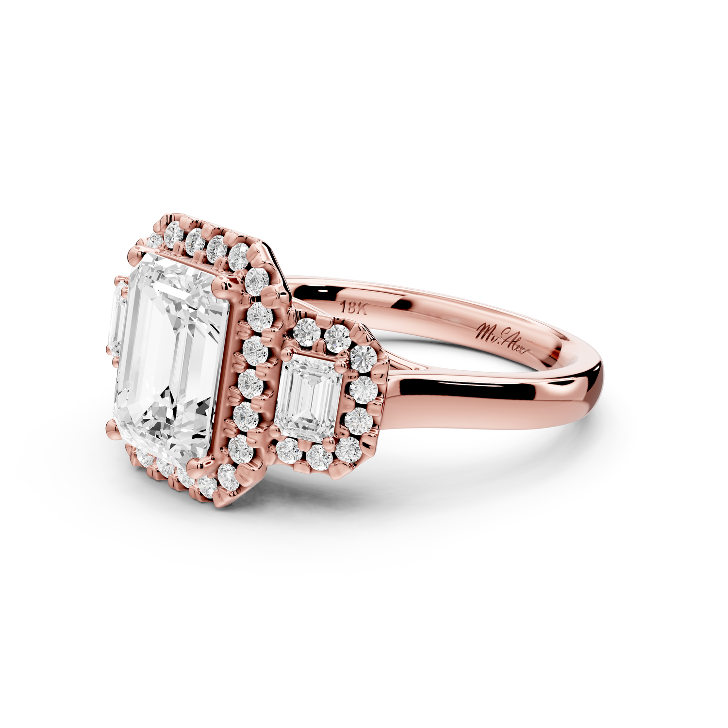 Iris - 2ct 14k rose gold Three stone emerald Halo engagement ring