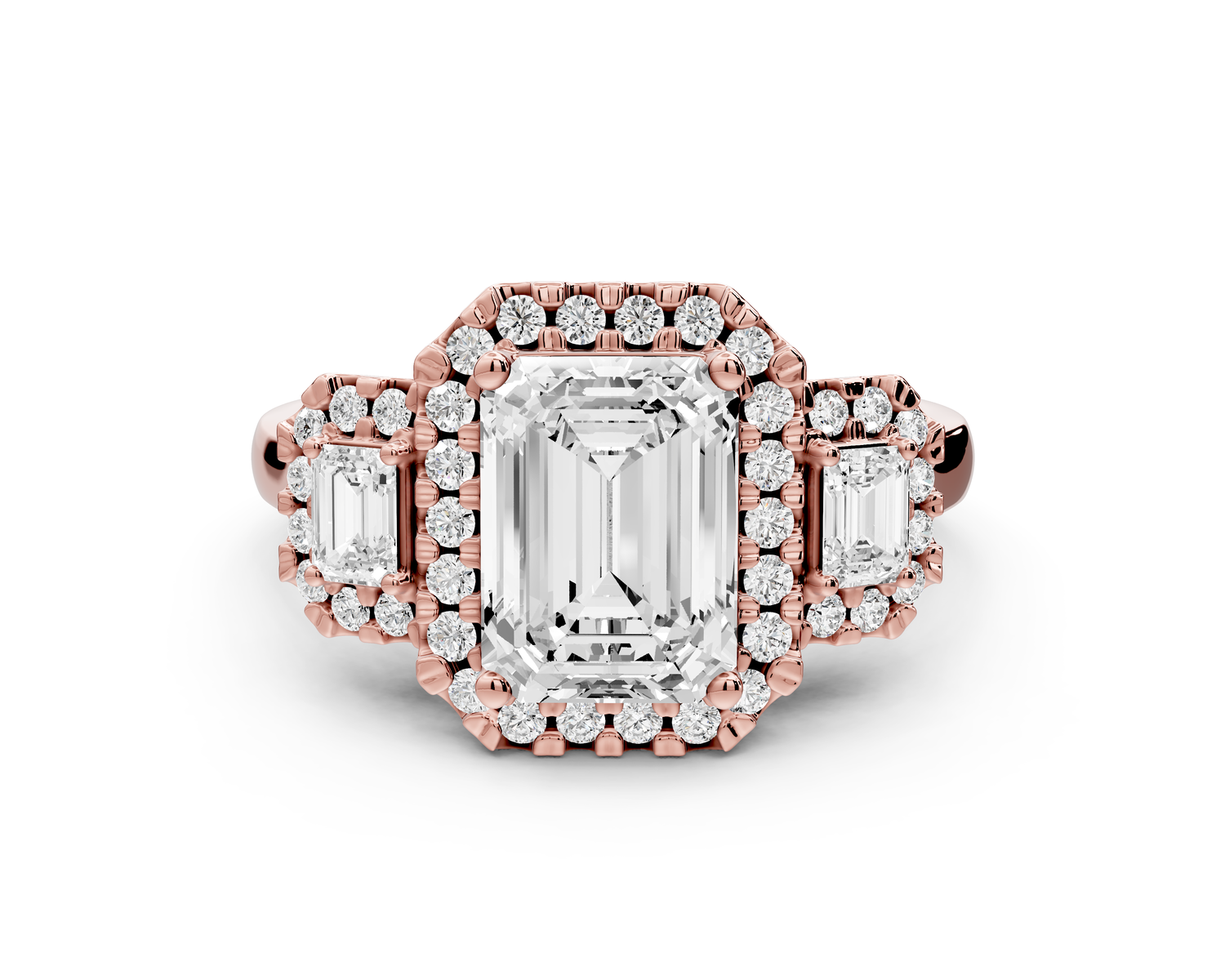 Iris - 2ct 14k rose gold Three stone emerald Halo engagement ring