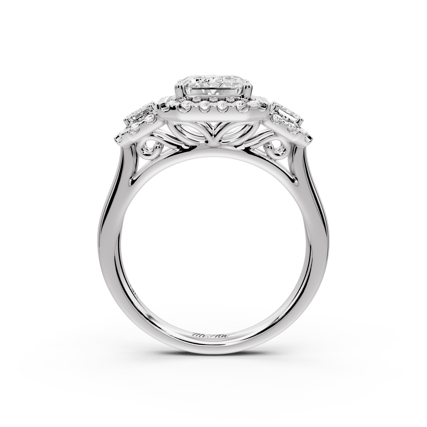 Iris - 2ct 14k white gold Three stone emerald Halo engagement ring
