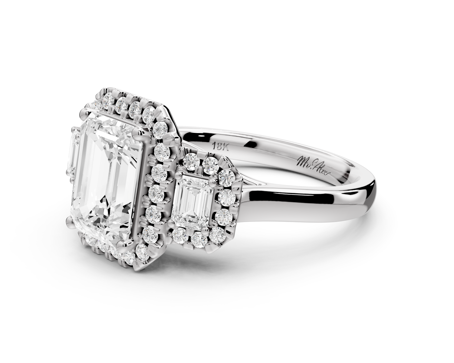 Iris - 2ct 14k white gold Three stone emerald Halo engagement ring