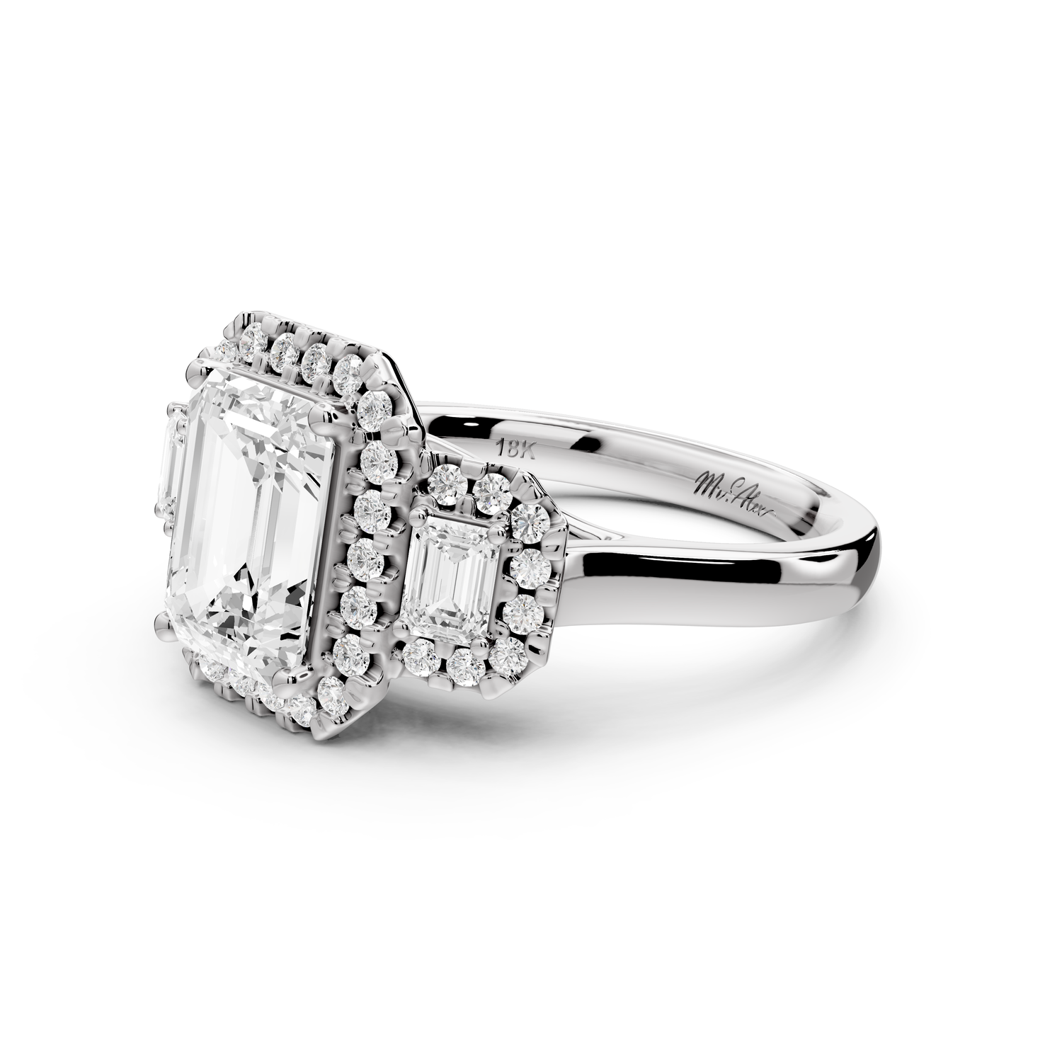 Iris - 2ct 14k white gold Three stone emerald Halo engagement ring