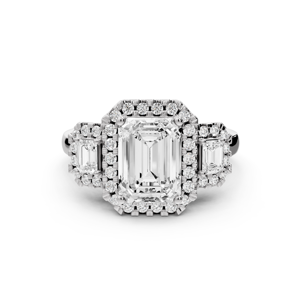 Iris - 2ct 14k white gold Three stone emerald Halo engagement ring