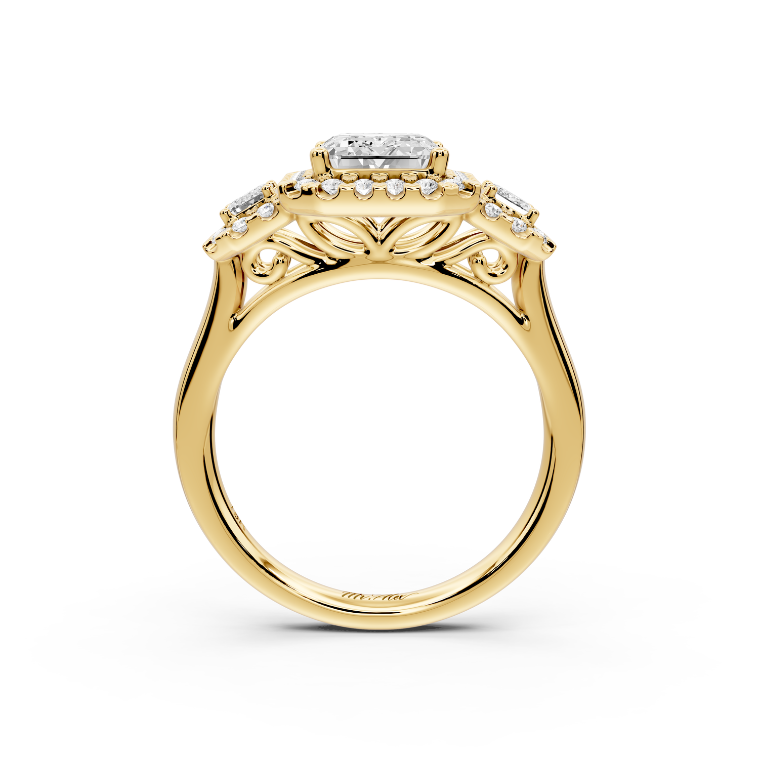 Iris - 2ct 14k yellow gold Three stone emerald Halo engagement ring
