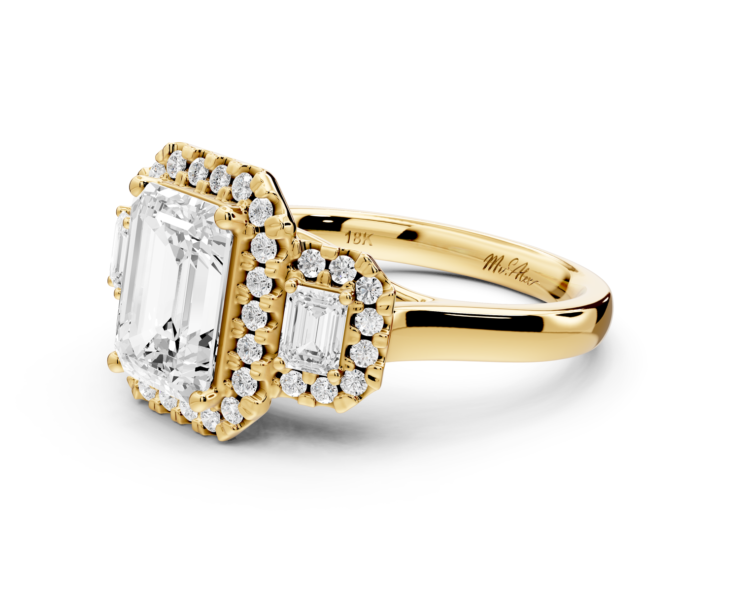 Iris - 2ct 18k yellow gold Three stone emerald Halo engagement ring