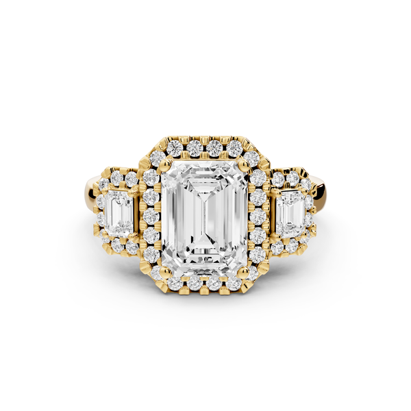 Iris - 2ct 14k yellow gold Three stone emerald Halo engagement ring