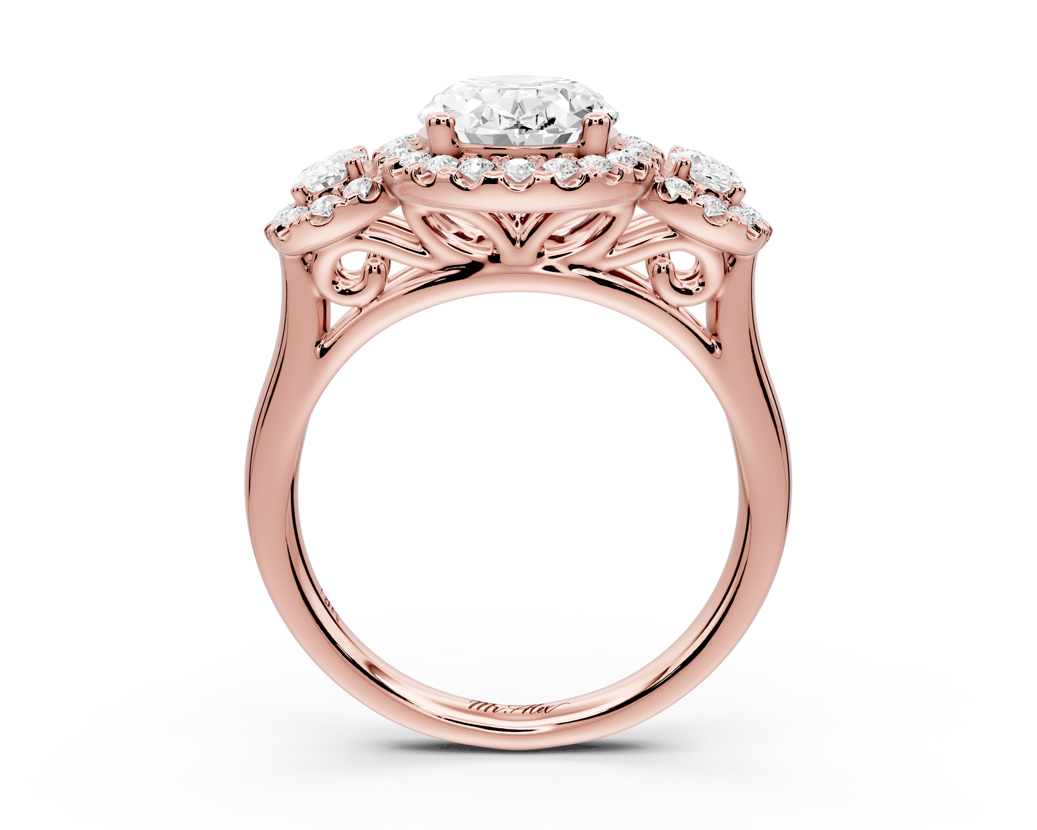 Iris - 2ct 14k rose gold Three stone oval Halo engagement ring