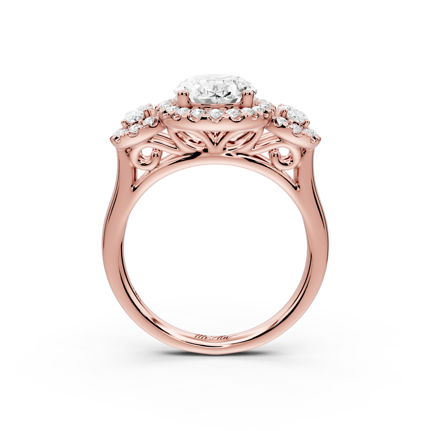 Iris - 2ct 14k rose gold Three stone oval Halo engagement ring