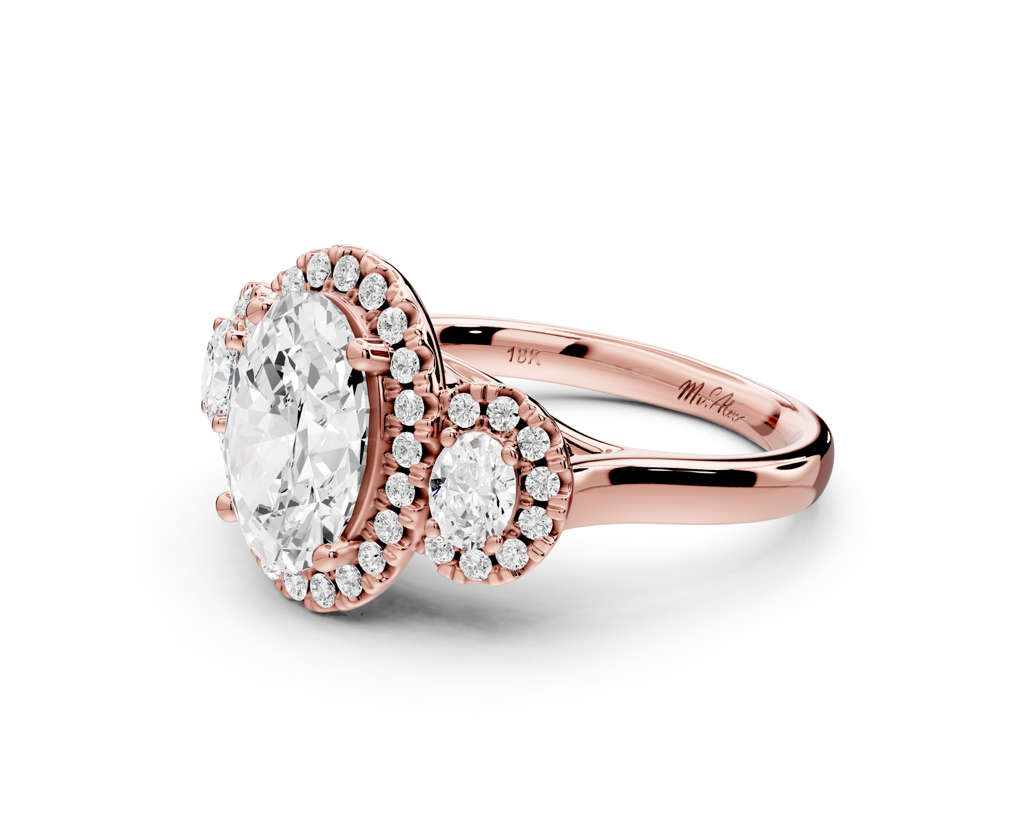 Iris - 2ct 14k rose gold Three stone oval Halo engagement ring