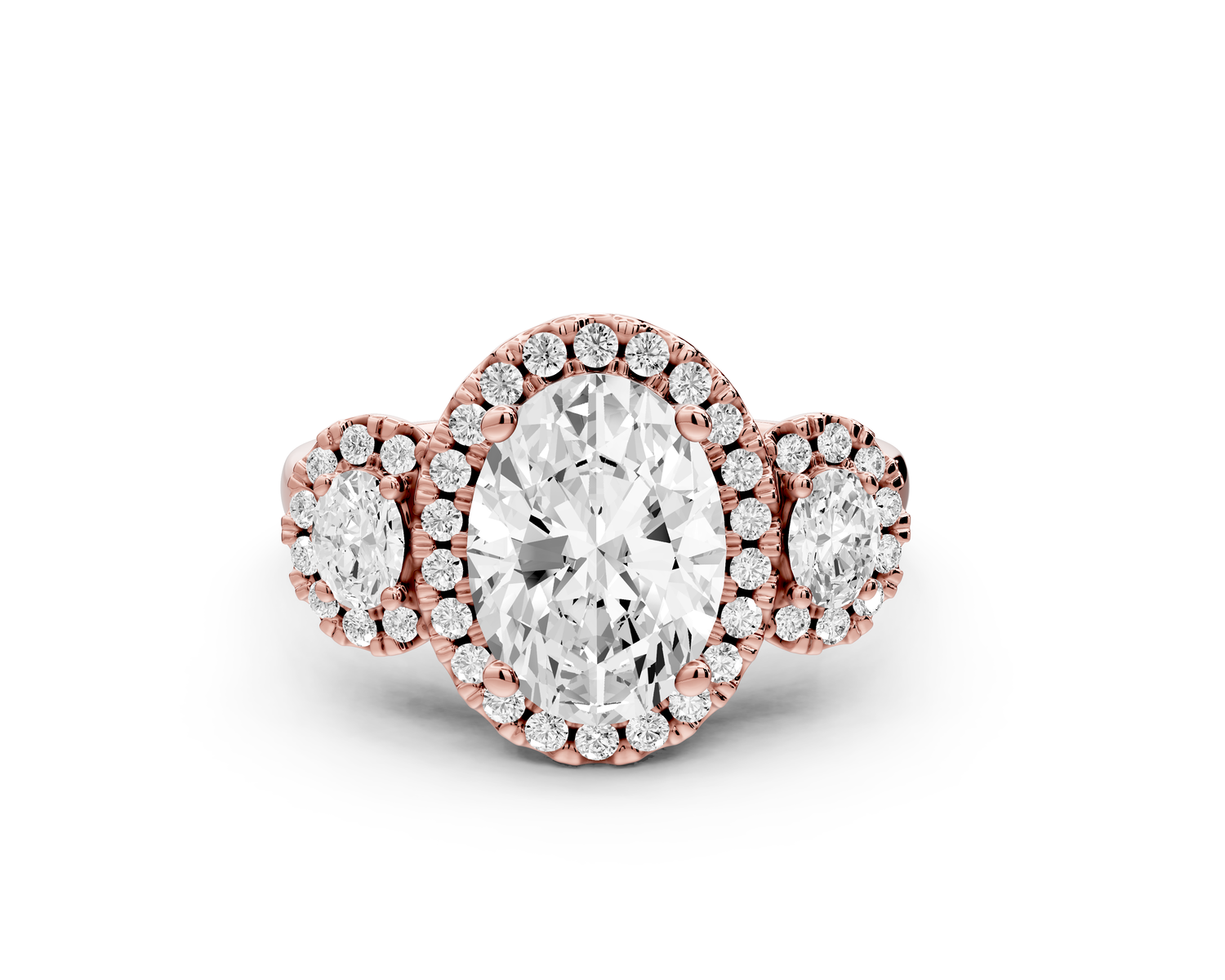 Iris - 2ct 14k rose gold Three stone oval Halo engagement ring