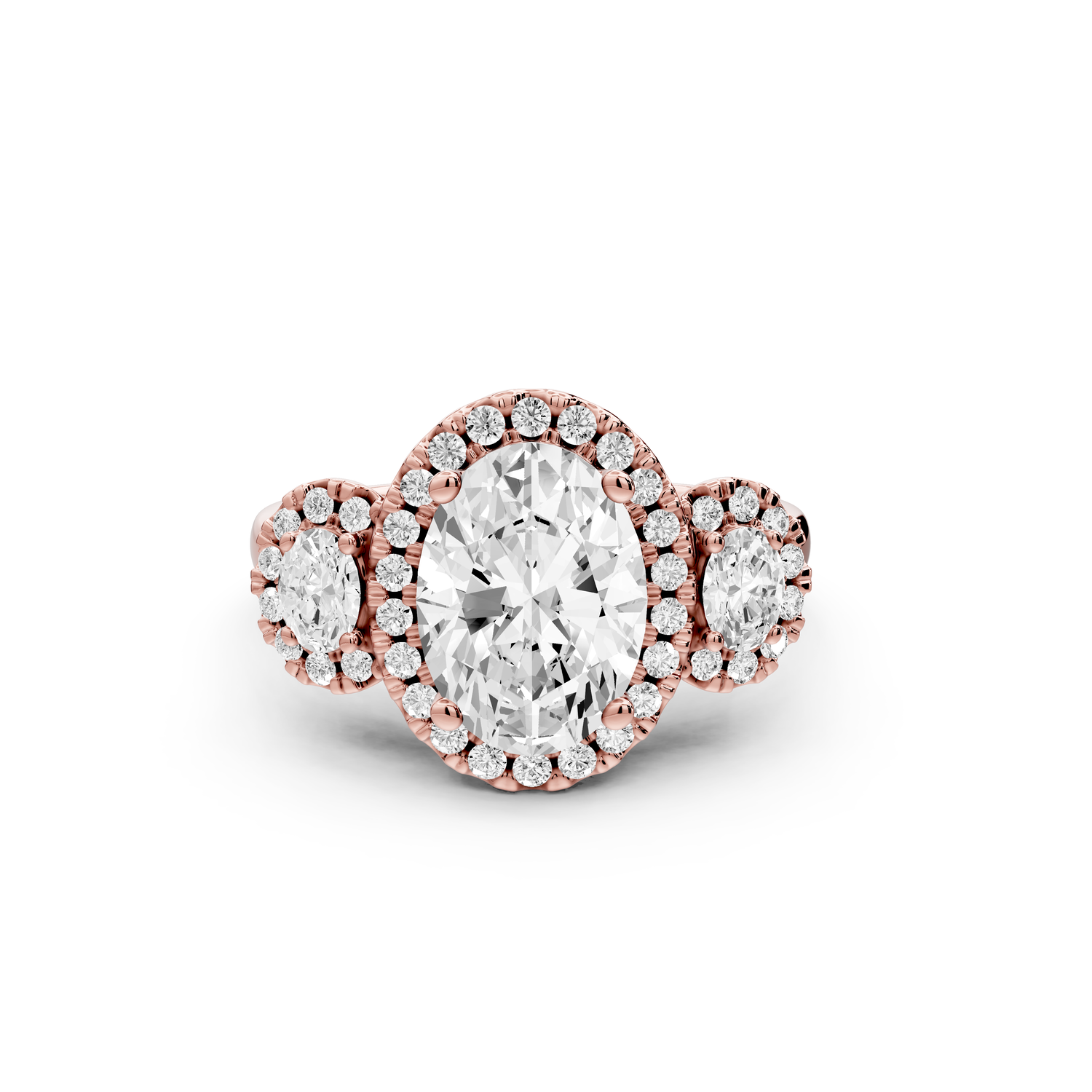 Iris - 2ct 14k rose gold Three stone oval Halo engagement ring