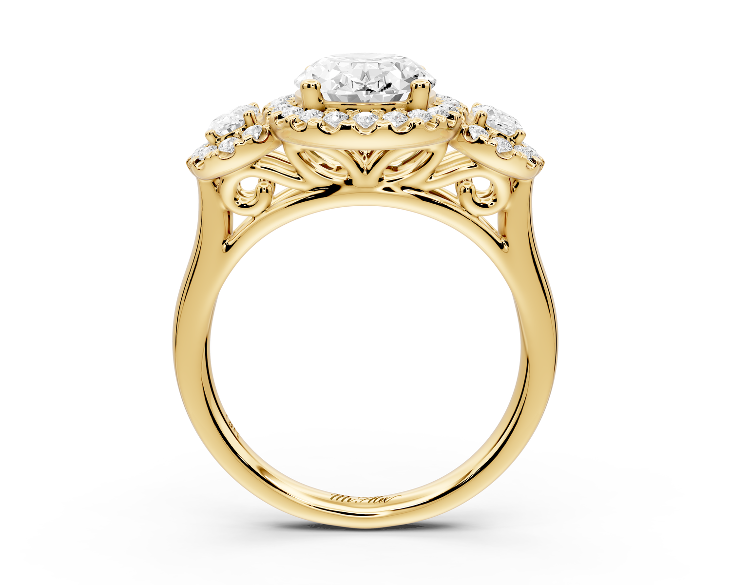 Iris - 2ct 14k yellow gold Three stone oval Halo engagement ring