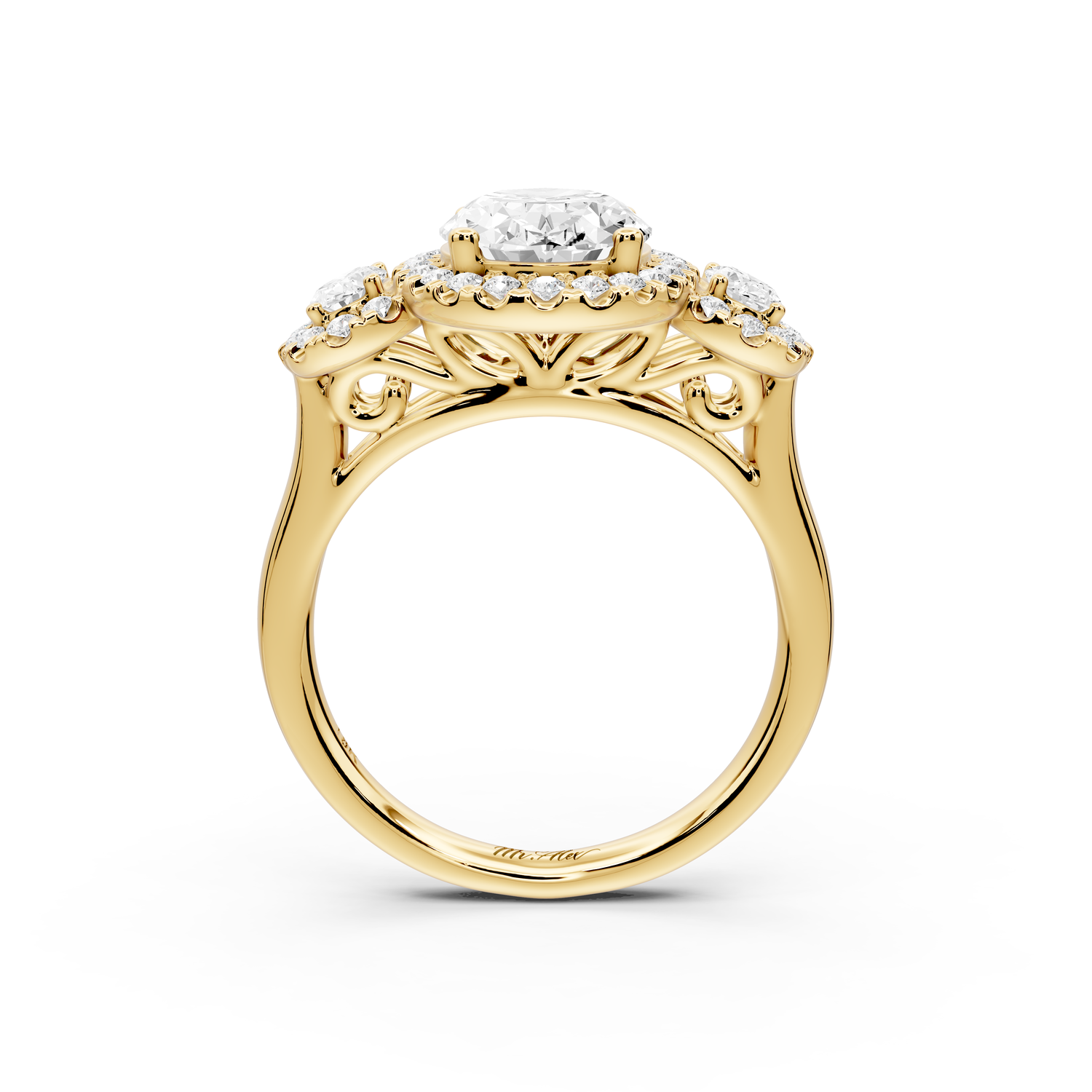 Iris - 2ct 14k yellow gold Three stone oval Halo engagement ring