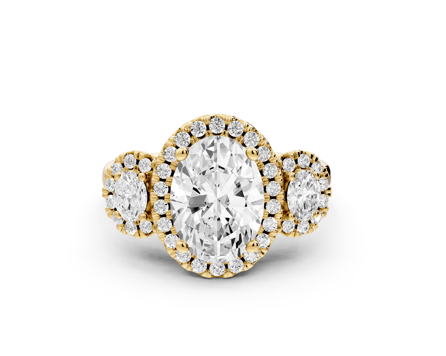 Iris - 2ct 14k yellow gold Three stone oval Halo engagement ring