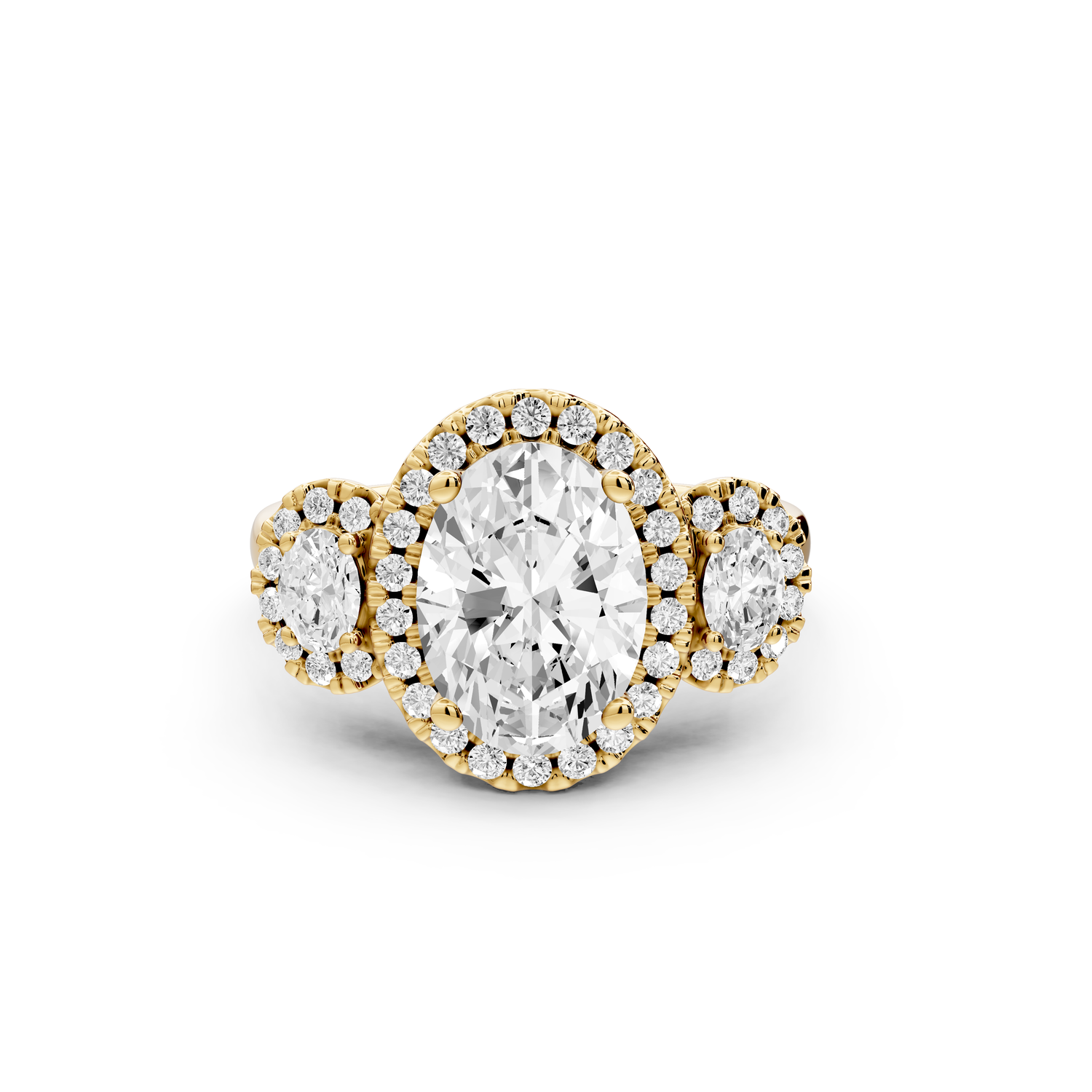 Iris - 2ct 14k yellow gold Three stone oval Halo engagement ring