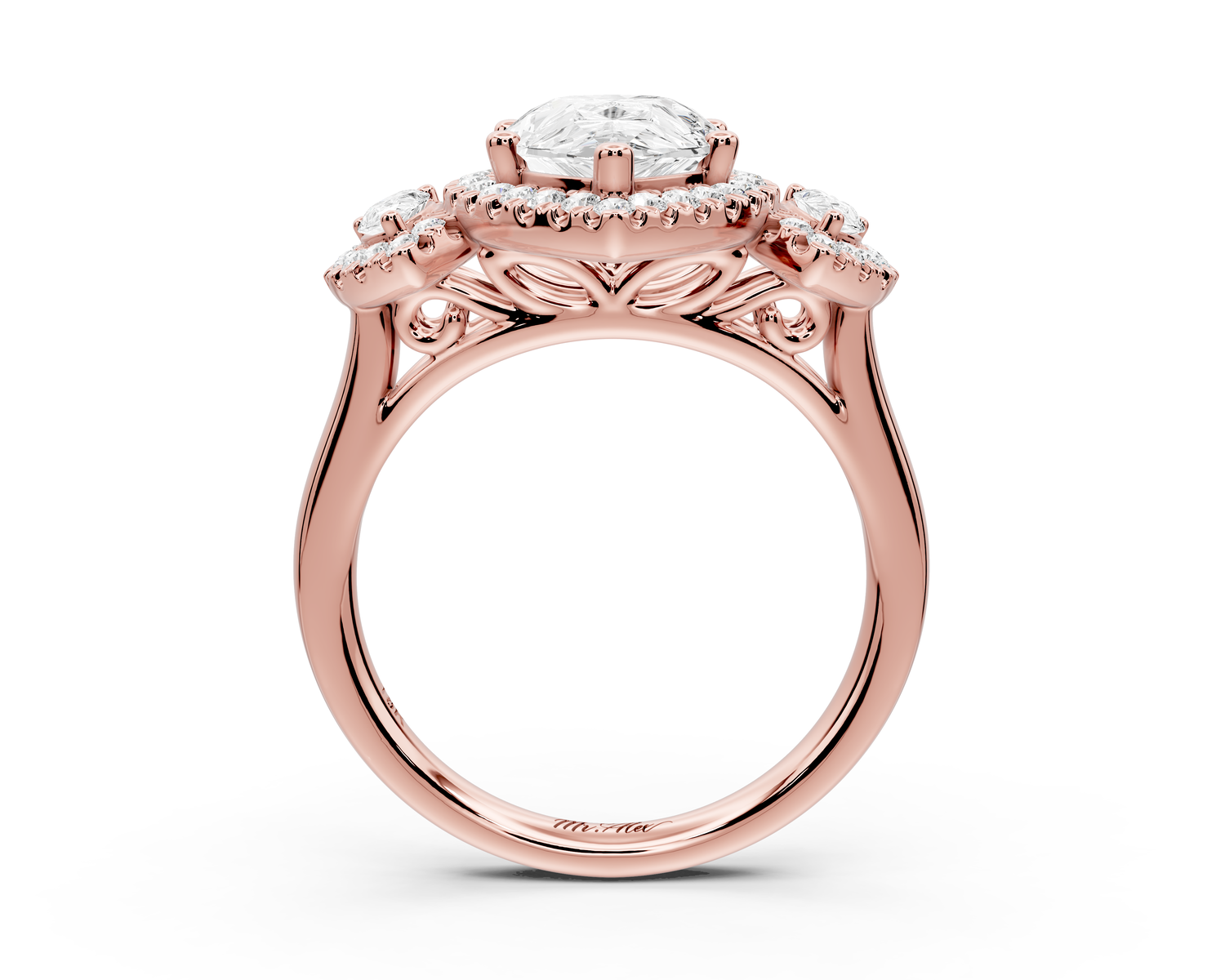 Iris - 2ct 14k rose gold Three stone pear Halo engagement ring