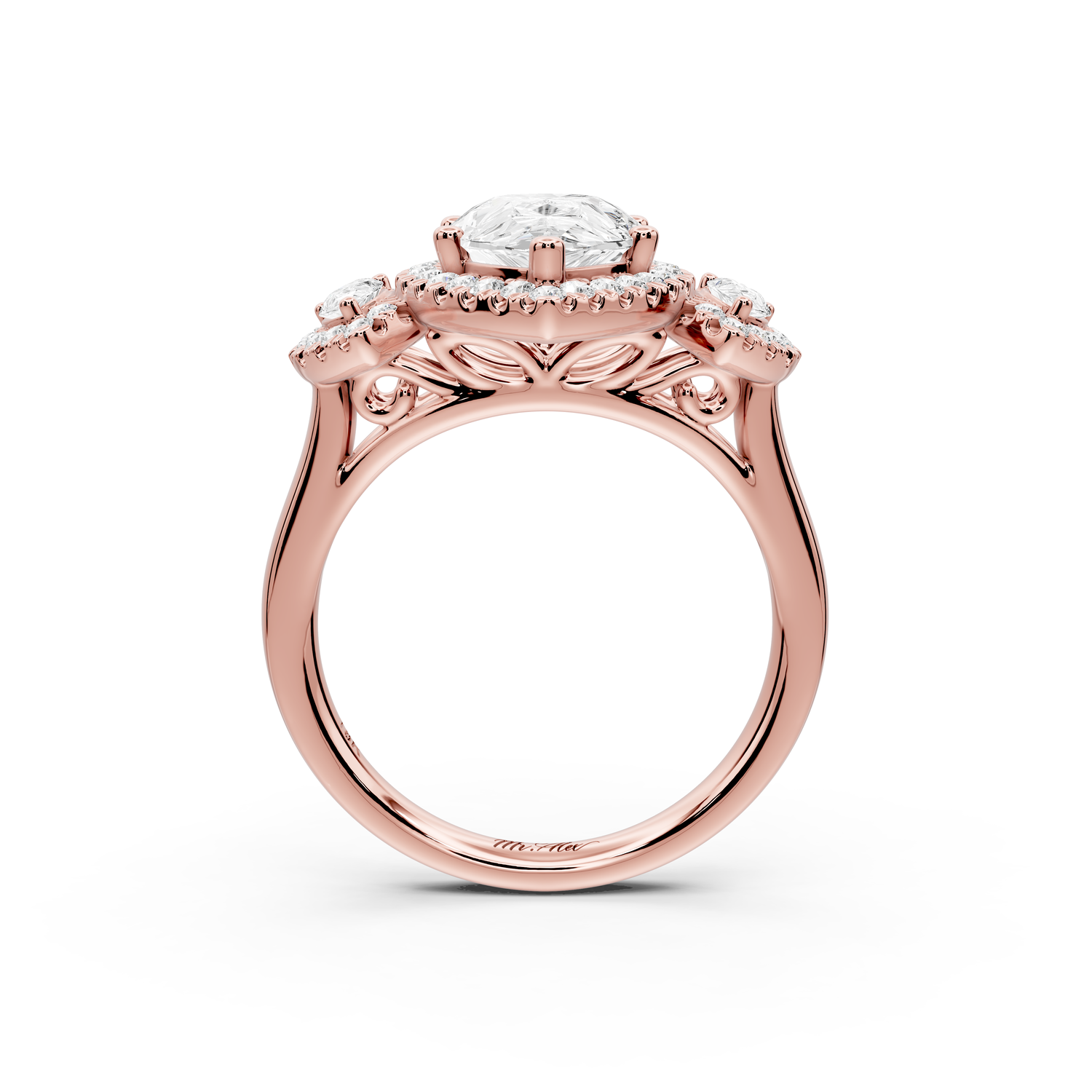 Iris - 2ct 14k rose gold Three stone pear Halo engagement ring