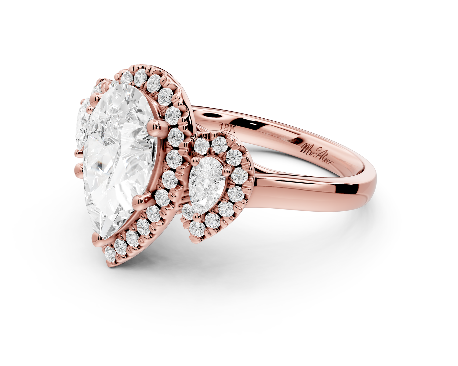 Iris - 2ct 14k rose gold Three stone pear Halo engagement ring