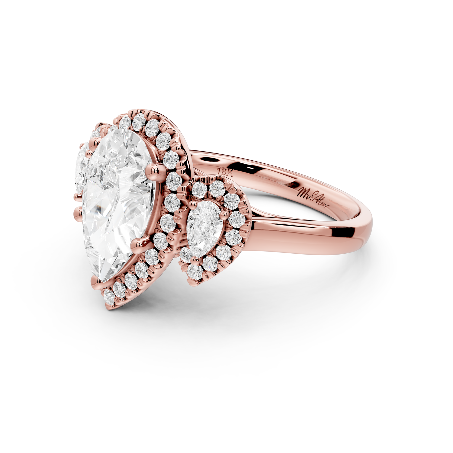 Iris - 2ct 14k rose gold Three stone pear Halo engagement ring