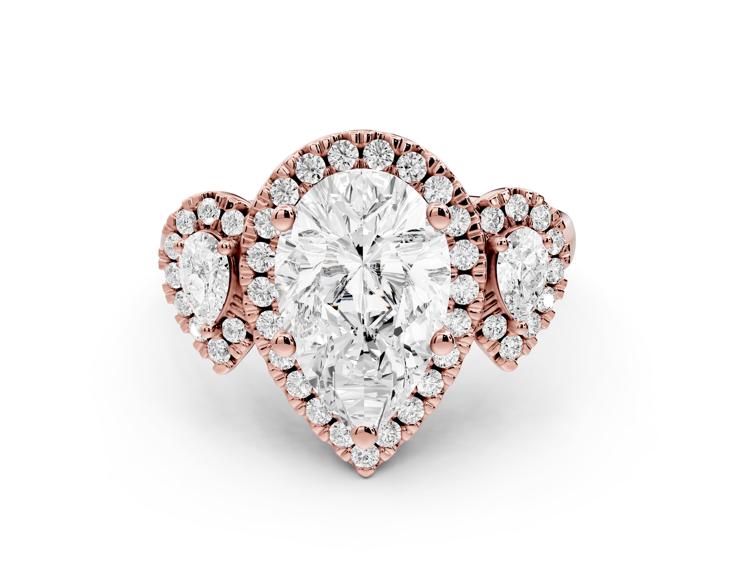 Iris - 2ct 14k rose gold Three stone pear Halo engagement ring