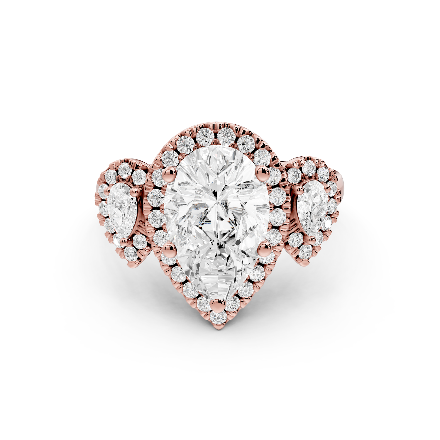 Iris - 2ct 14k rose gold Three stone pear Halo engagement ring